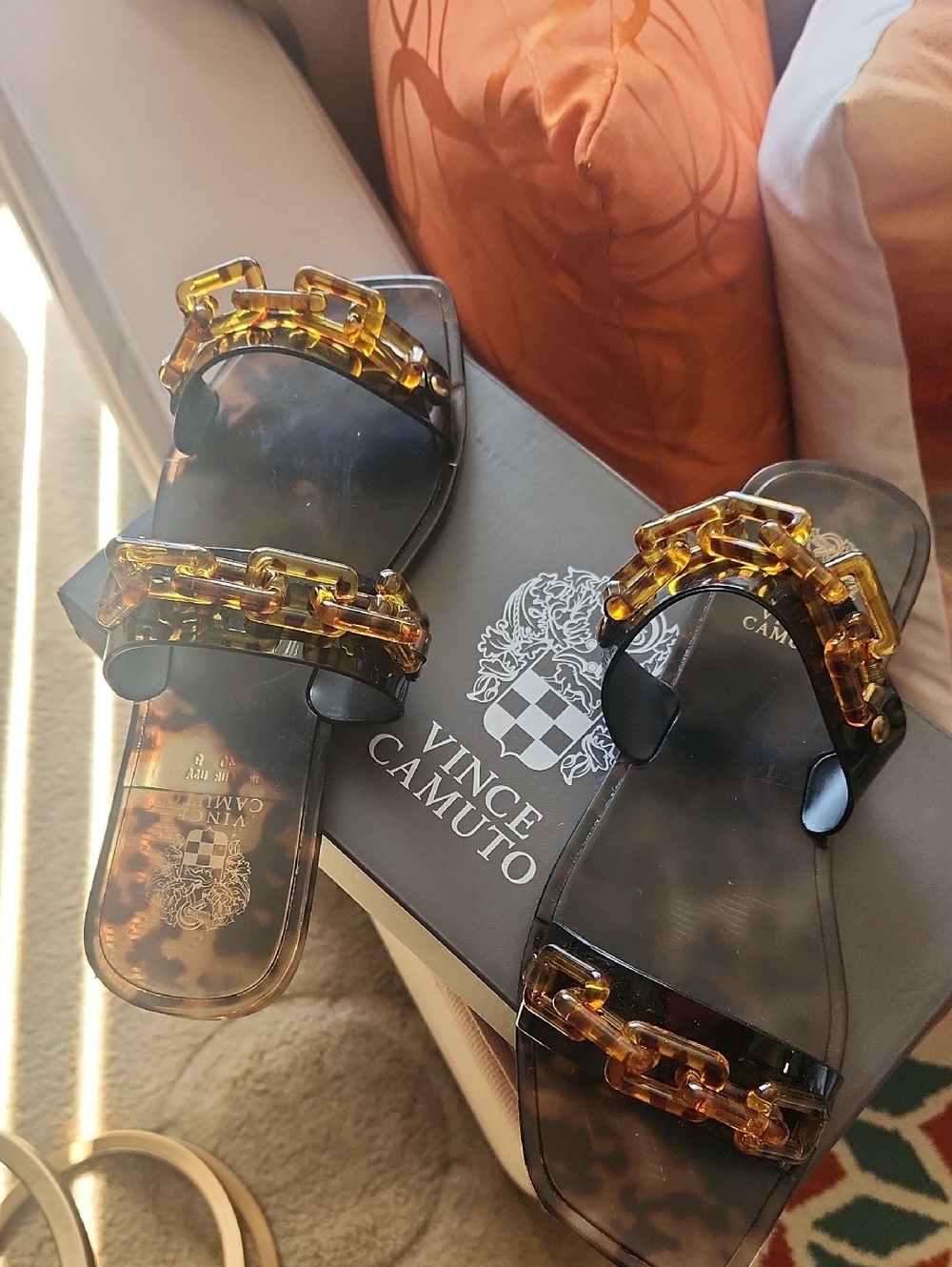 Vince Camuto Black Slide Sandal with Tortoiseshell Chain Accent